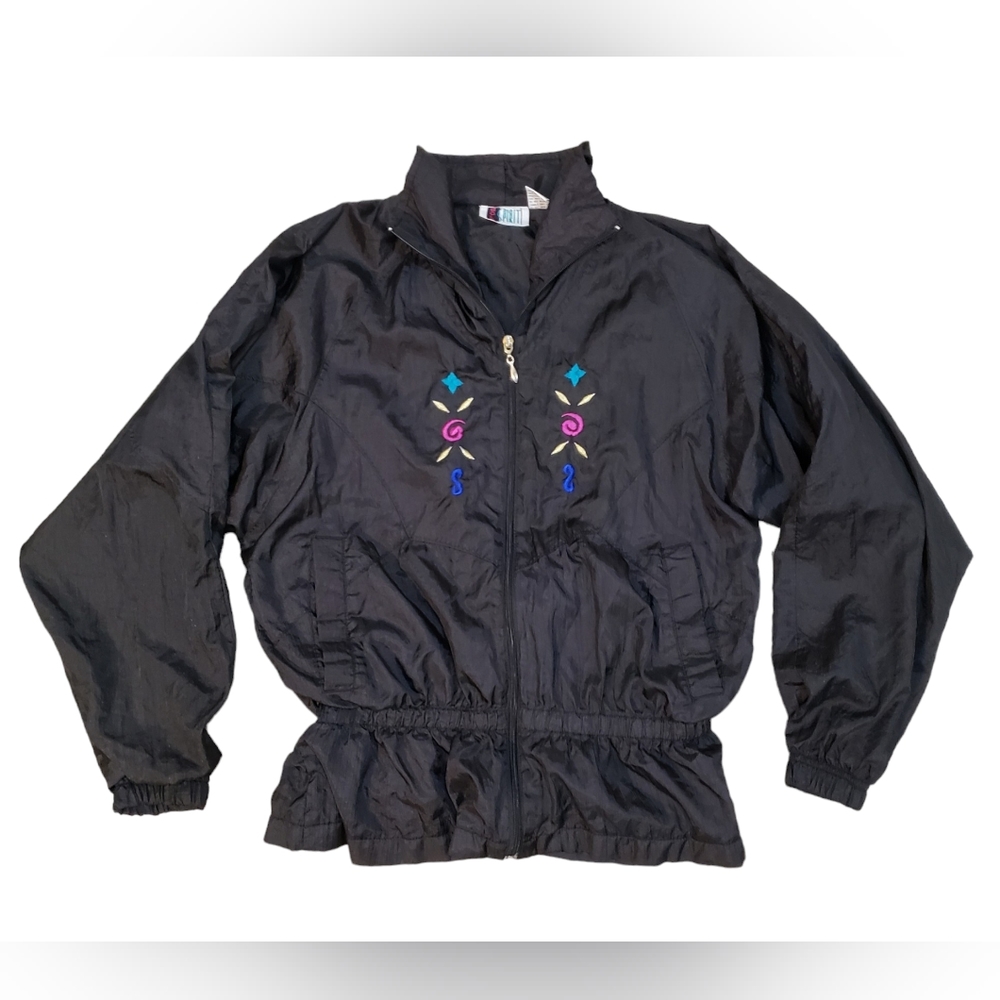Vtg Bold Spirit Embroidered Windbreaker Womens S Black Dolman Sleeve Retro 80s